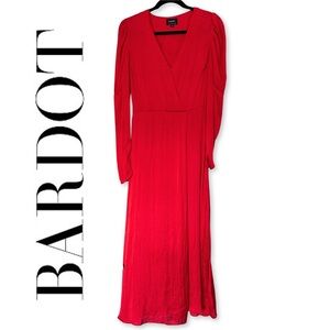 Bardot (US6/S) Red Satin Longsleeve Maxi Dress- Faux Wrap Neck, Statement Sleeve